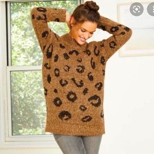 Chunky Leopard Print Pullover Mock Neck Sweater Small
